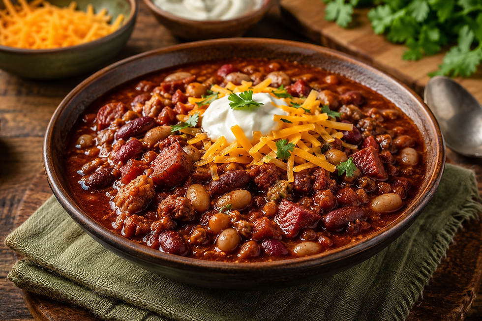 A rich and smoky three-bean chili made with sirloin, kielbasa, and Oak City Spice Blends Bountiful Bahia, finished with cheddar, sour cream, and fresh cilantro. The seasoning is bloomed directly in rendered sausage fat and olive oil to create deeper flavor and a slow-cooked character in less time.