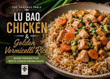 A rustic bowl of Lu Bao chicken and golden vermicelli rice sits under warm lighting, featuring tender chicken pieces in a glossy brown gravy with carrots, celery, and green onions. Toasted vermicelli threads are woven through fluffy rice beneath the chicken. The hero image includes the title "Lu Bao Chicken & Golden Vermicelli Rice" and the subtitle "Where Persian Pilaf Meets Chinese Brown Sauce," reflecting the fusion of Silk Road-inspired flavors and cooking traditions.
