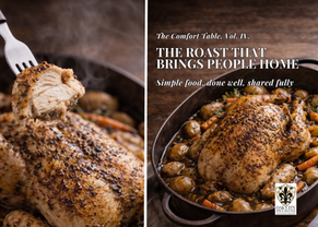 Whole roasted chicken in a cast iron pan with potatoes and carrots, with a fork lifting a tender, steaming bite against a rustic wooden background
