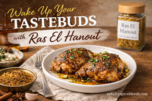 Honey–Ras el Hanout chicken plated in a warm rustic kitchen with Oak City Spice Blends Ras El Hanout seasoning in the background.