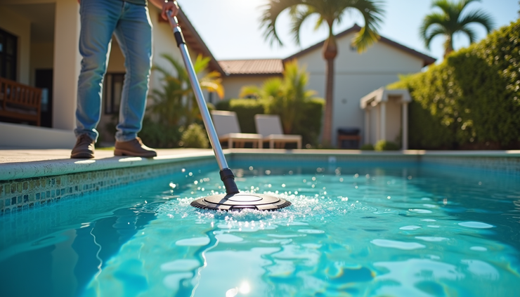 Eye-level view of a clean residential pool with clear blue water surrounded by lush greenery in Riverview, FL