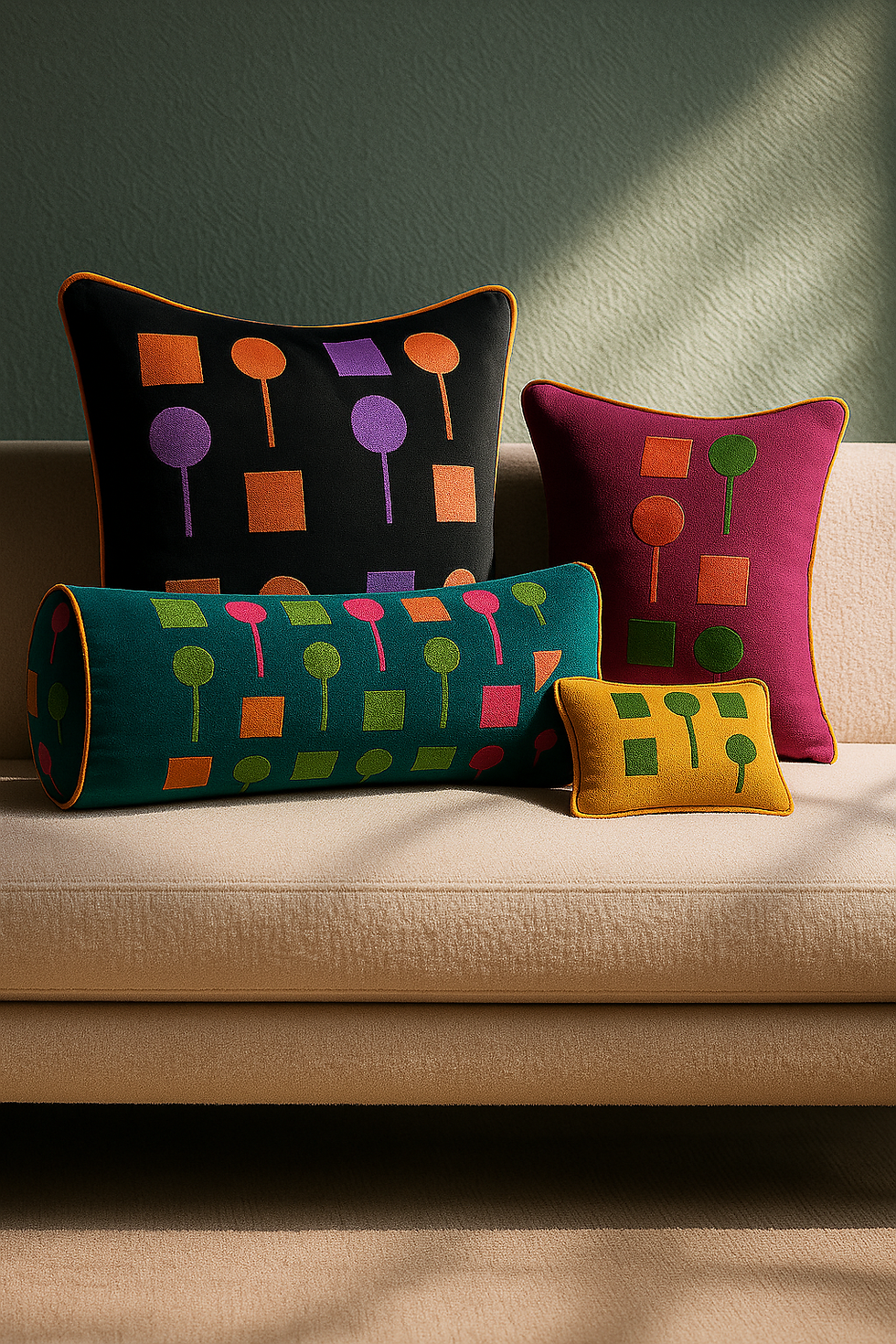 Cuscini di design in velluto con motivi geometrici colorati – Collezione MurMur di Eleonora Giacopet