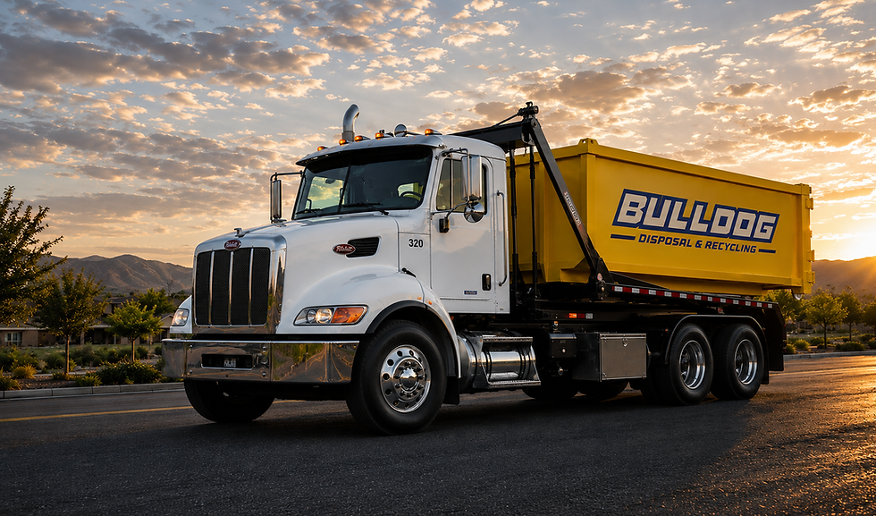 Bulldog waste management overview roll off truck at sunset.