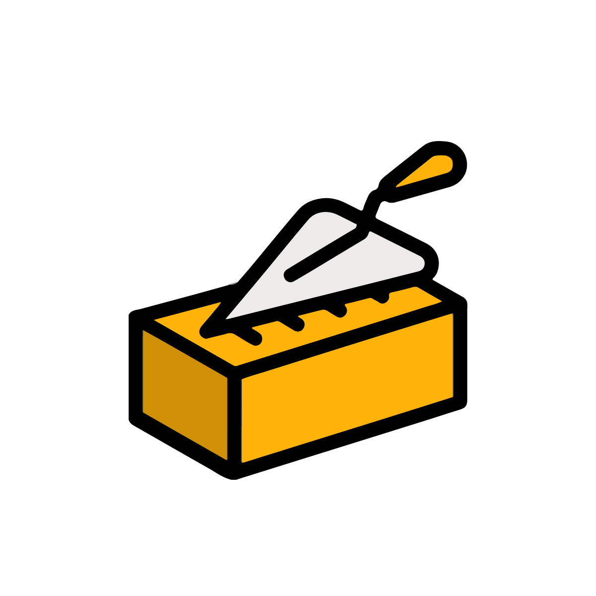 Trowel applying mortar to a yellow brick