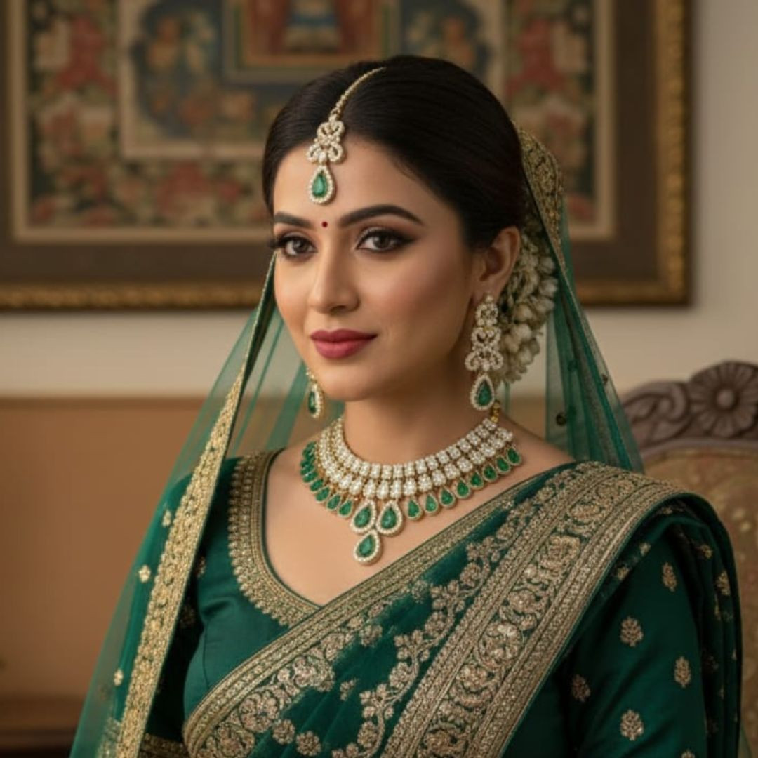 Elevate your elegance with this Royal Green AD Stone Choker Set.