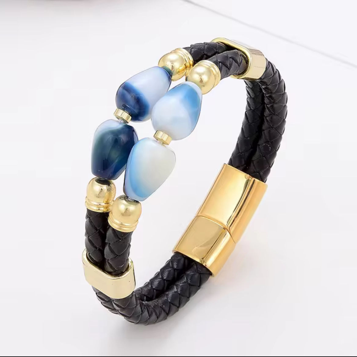 Blue Beaded Leather Bracelet 