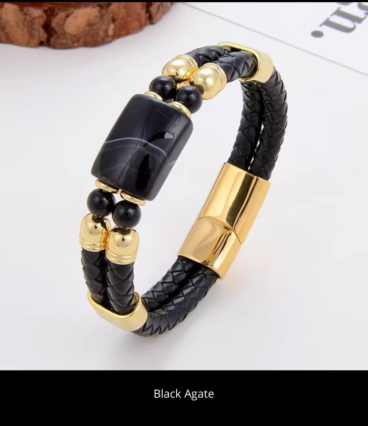 Gold & Black Leather Bracelet 