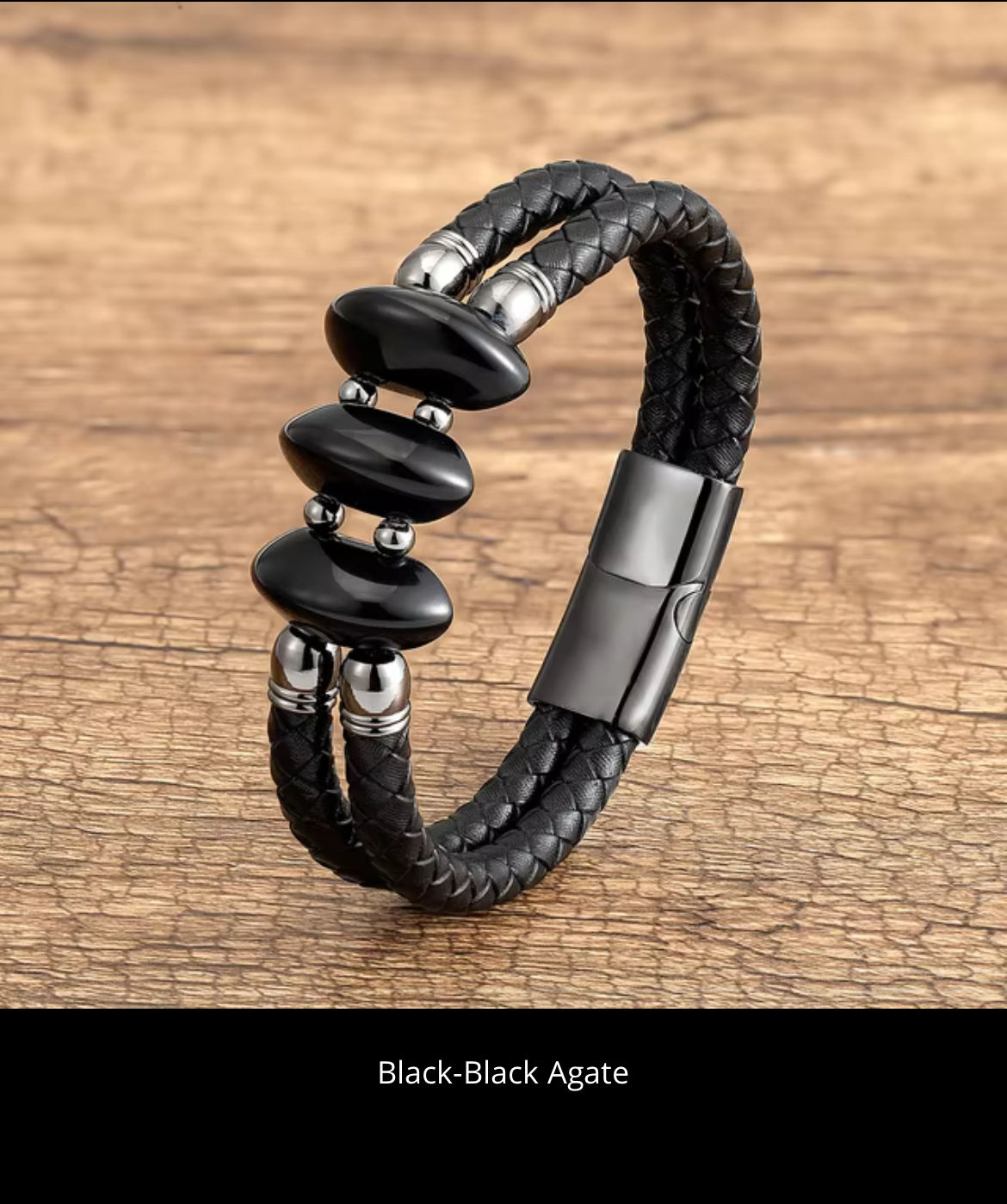 All Black Beaded Leather Bracelet 