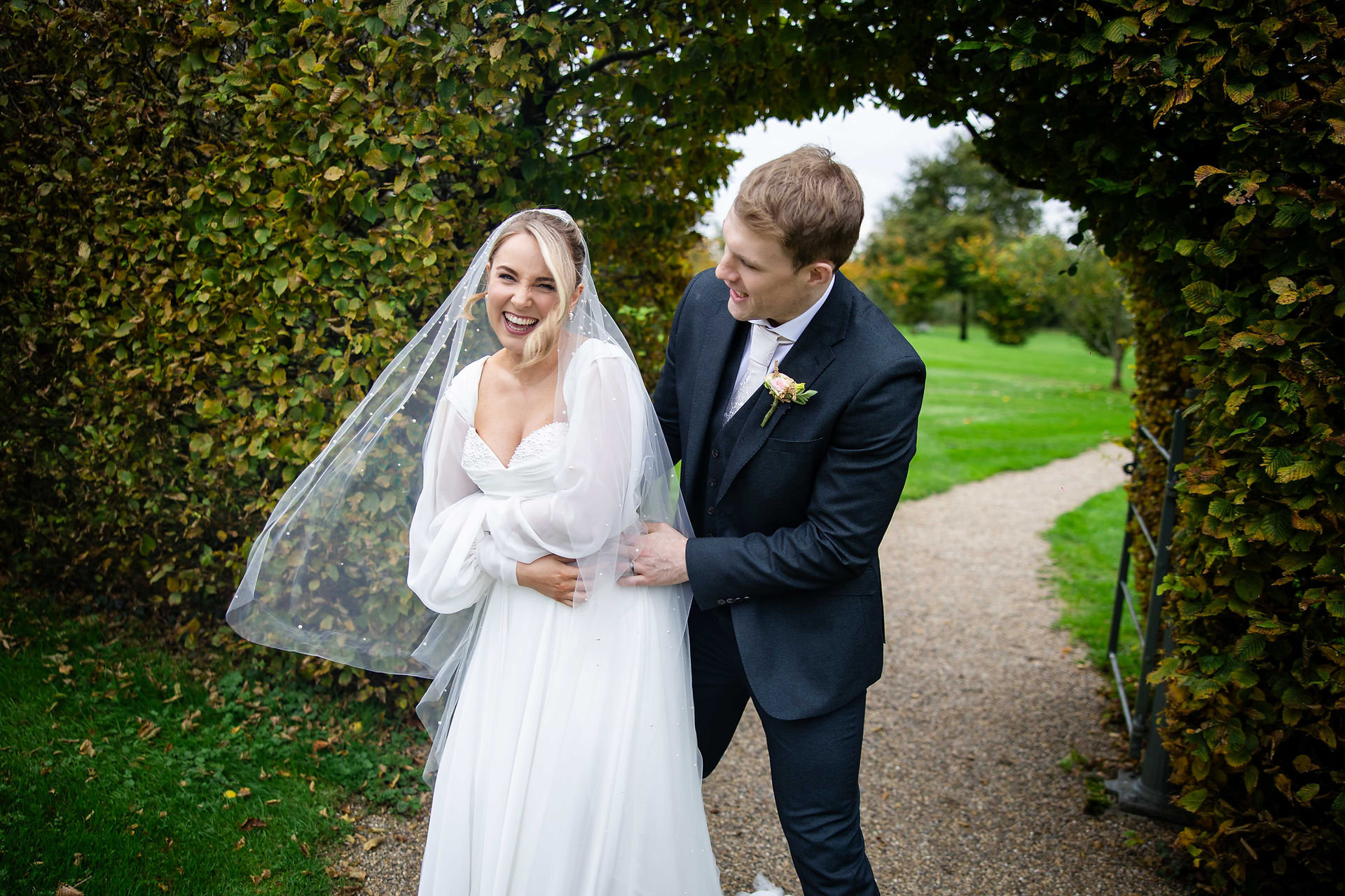 A bright and airy photo of a bride and groom during their portrait session in Meath.
