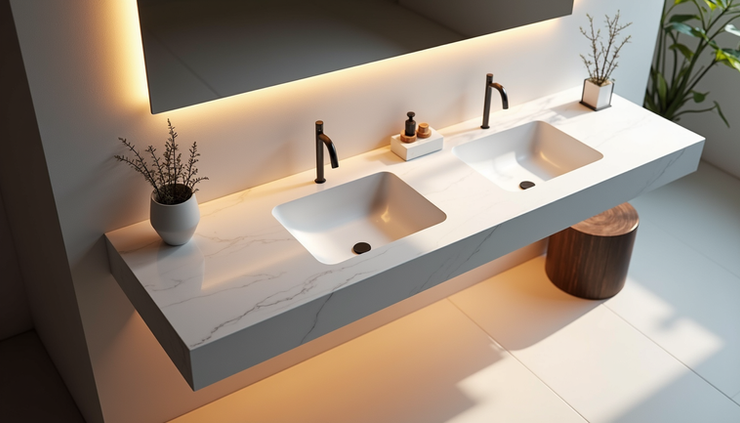 High angle view of modern bathroom vanity with quartz countertop and integrated lighting