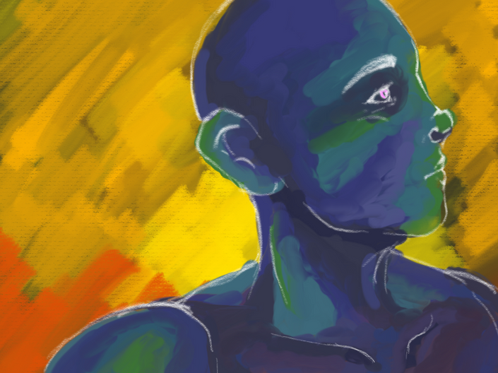 A painting of a person in bright colors.