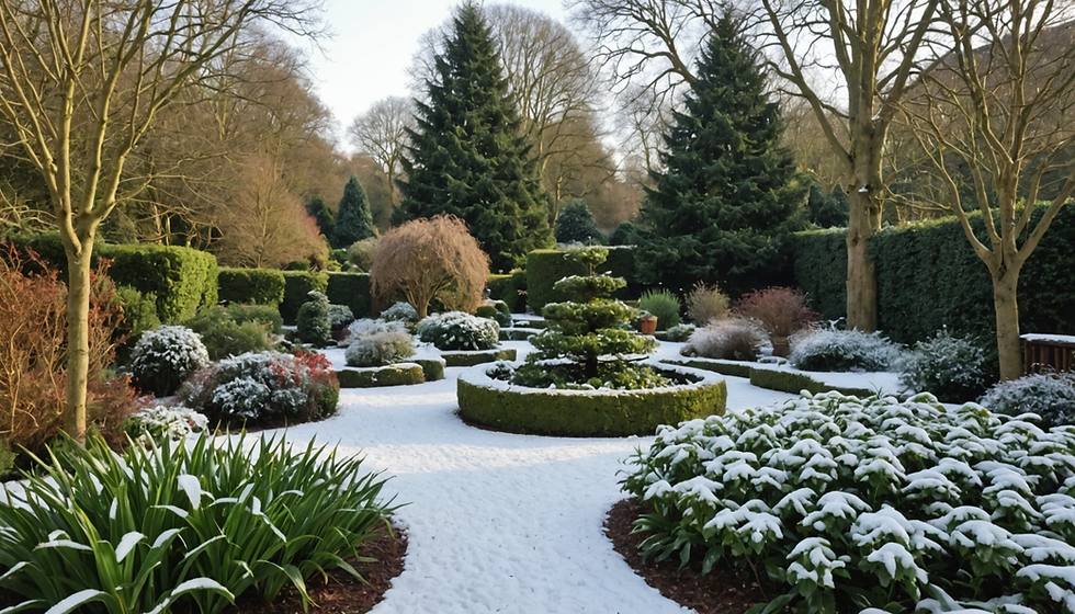 Winter garden with a light dusting of snow
