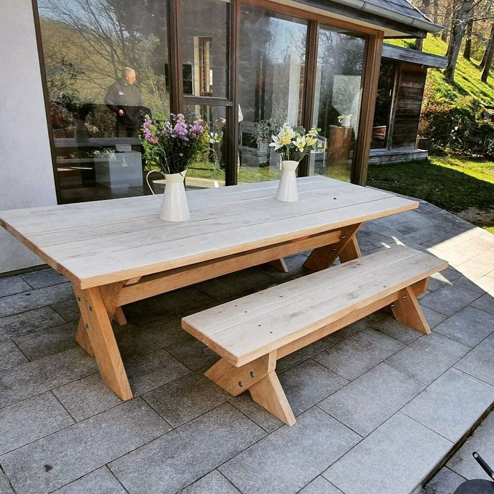 Thumbnail: beautiful English garden containing a hand built white oak table and bench