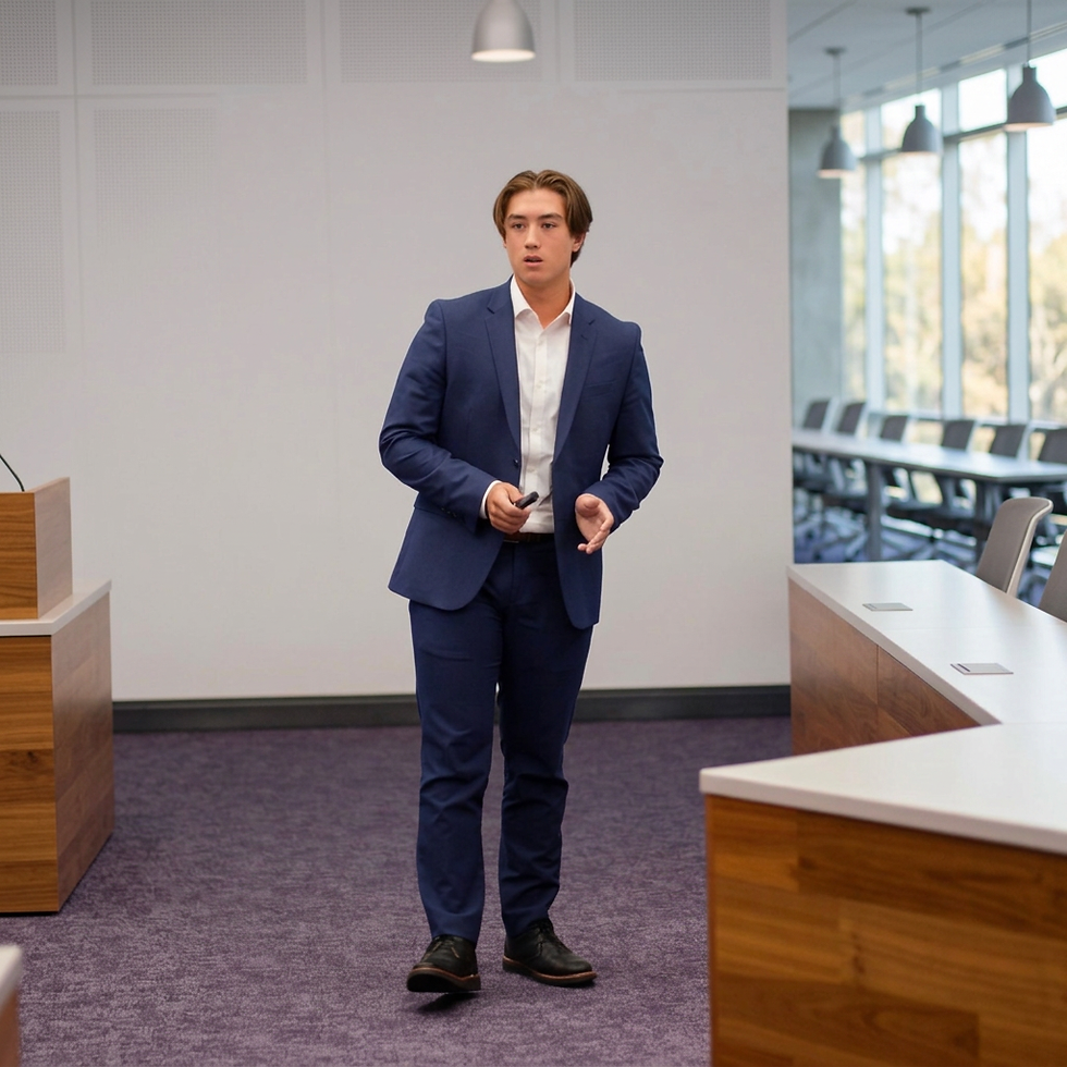 Portrait photo of a person in a blue suit standing and presenting in a room with purple carpet and white walls