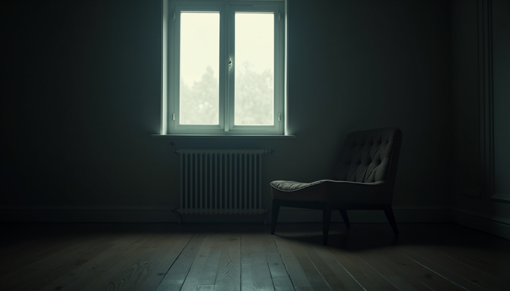 Eye-level view of a dimly lit room with a single chair facing a window, symbolizing solitude and reflection