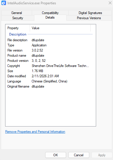 Figure 3. IntelAudioService.exe file info