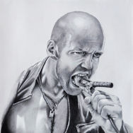 Graphite sketch of a bald man intensely singing into a microphone