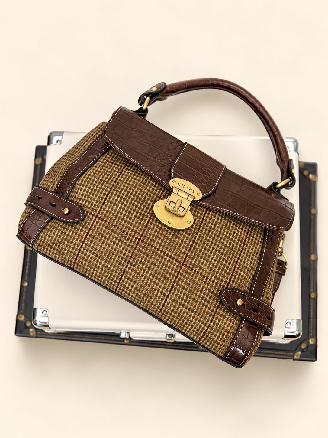Chaps Ralph Lauren plaid satchel with croc-embossed trim