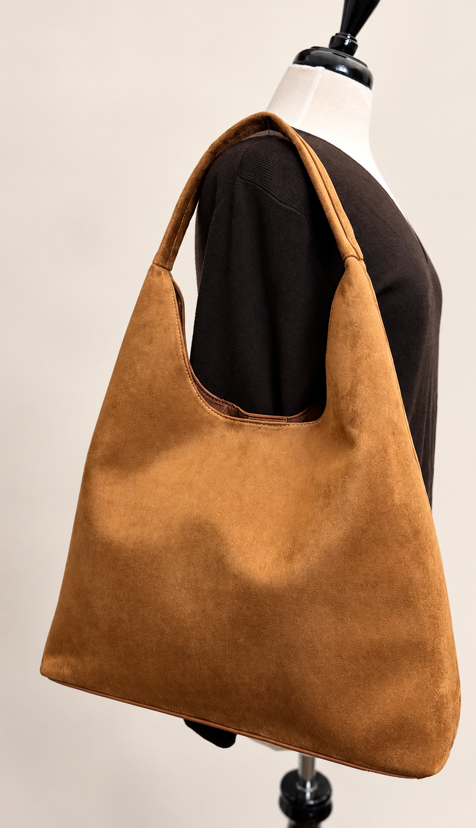 Crossi New York cognac suede hobo bag back view with soft suede exterior