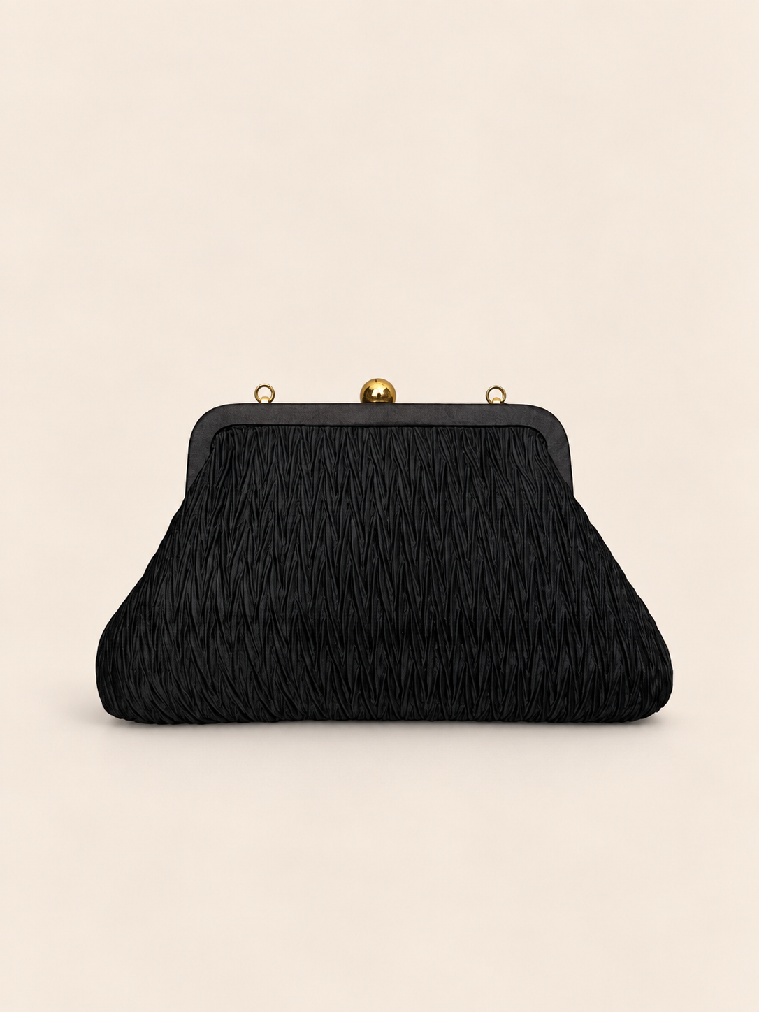 Vintage American Y&S black ruched evening bag side view with gold-tone chain strap