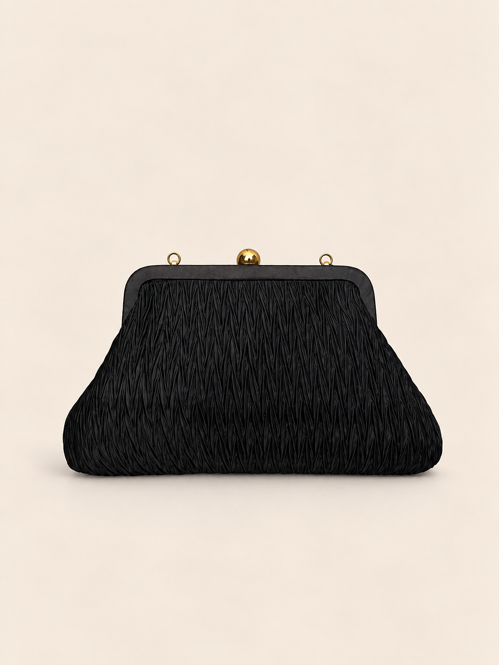 Vintage American Y&S black ruched evening bag side view with gold-tone chain strap