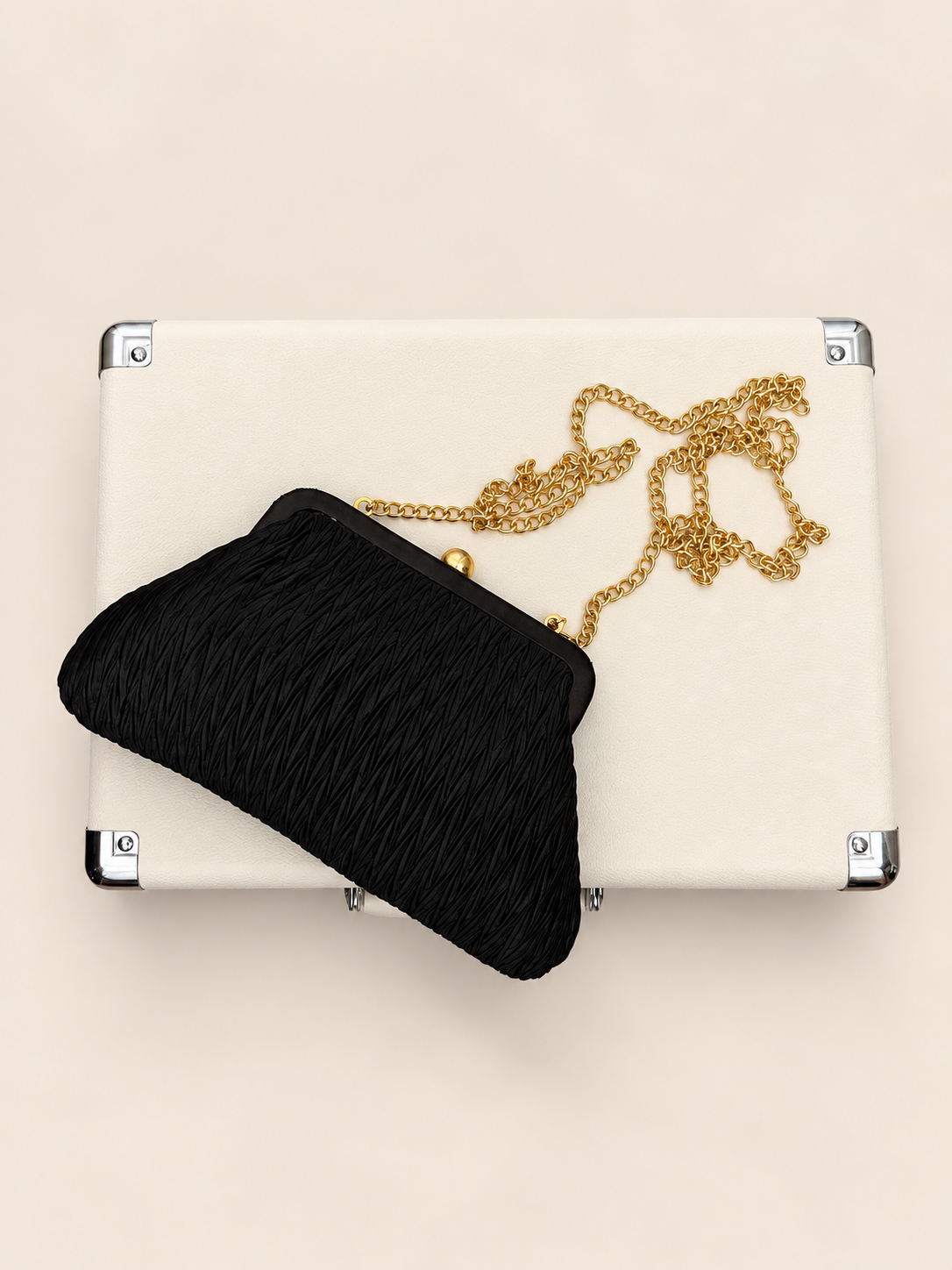 Vintage American Y&S black ruched evening bag front view