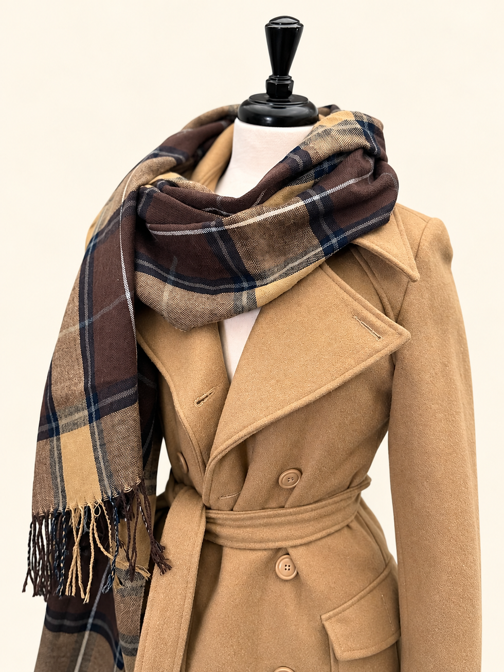 Vintage cashmere plaid scarf in camel brown navy and cream