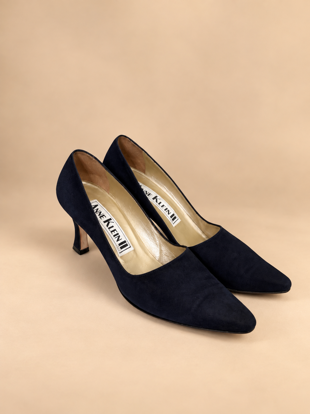 Anne Klein navy suede pumps front and top view