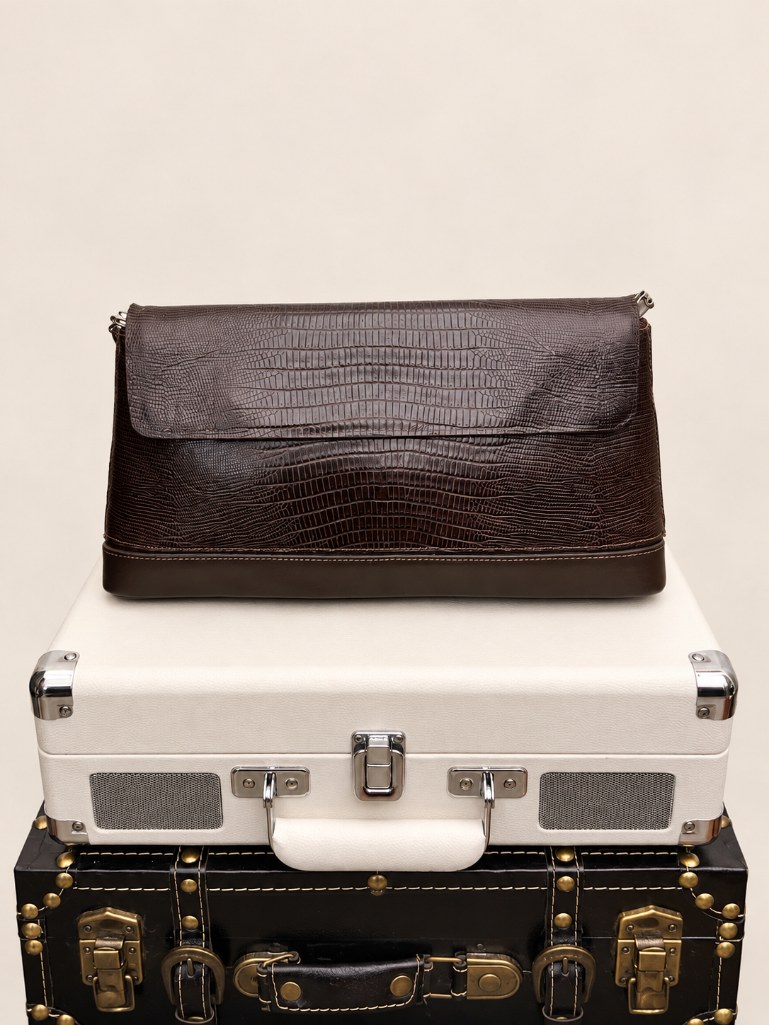 Vintage Brown Embossed Leather Foldover Clutch