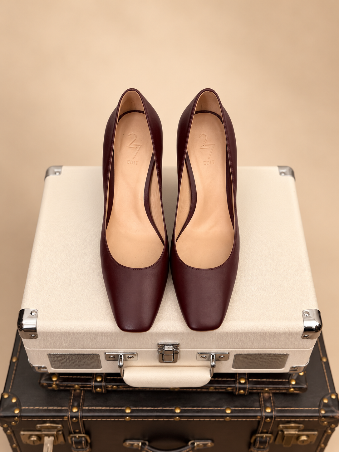 2 Edit burgundy leather pumps with sculpted heel
