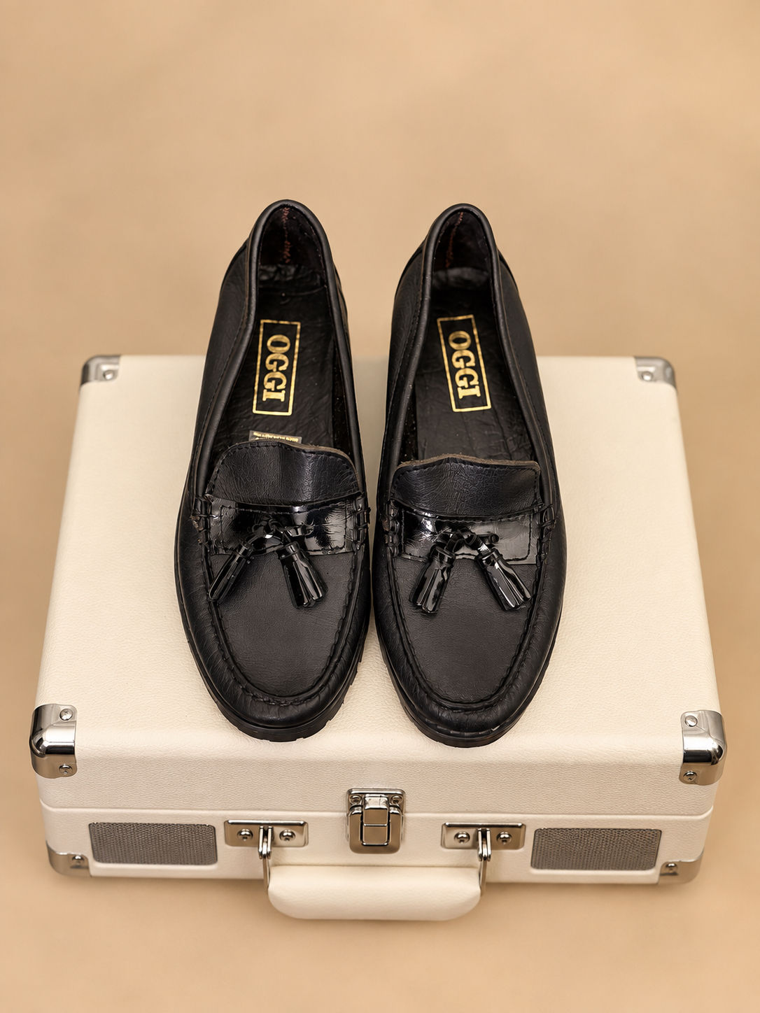 OGGI black leather tassel loafers top view
