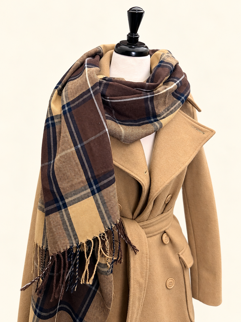 Vintage cashmere plaid scarf with fringed ends