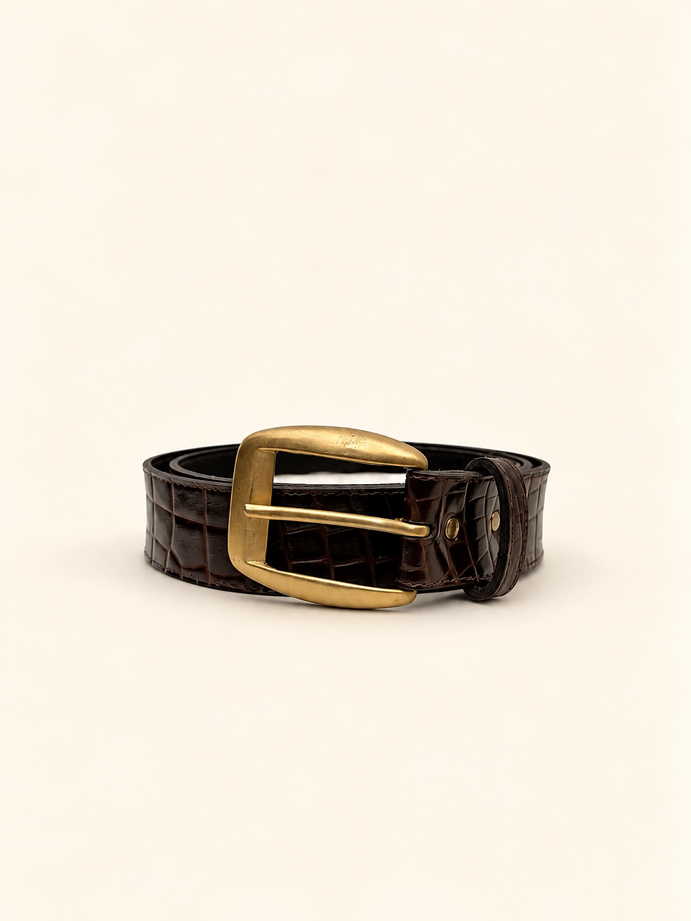 Vintage brown croc-embossed leather belt with gold-tone buckle
