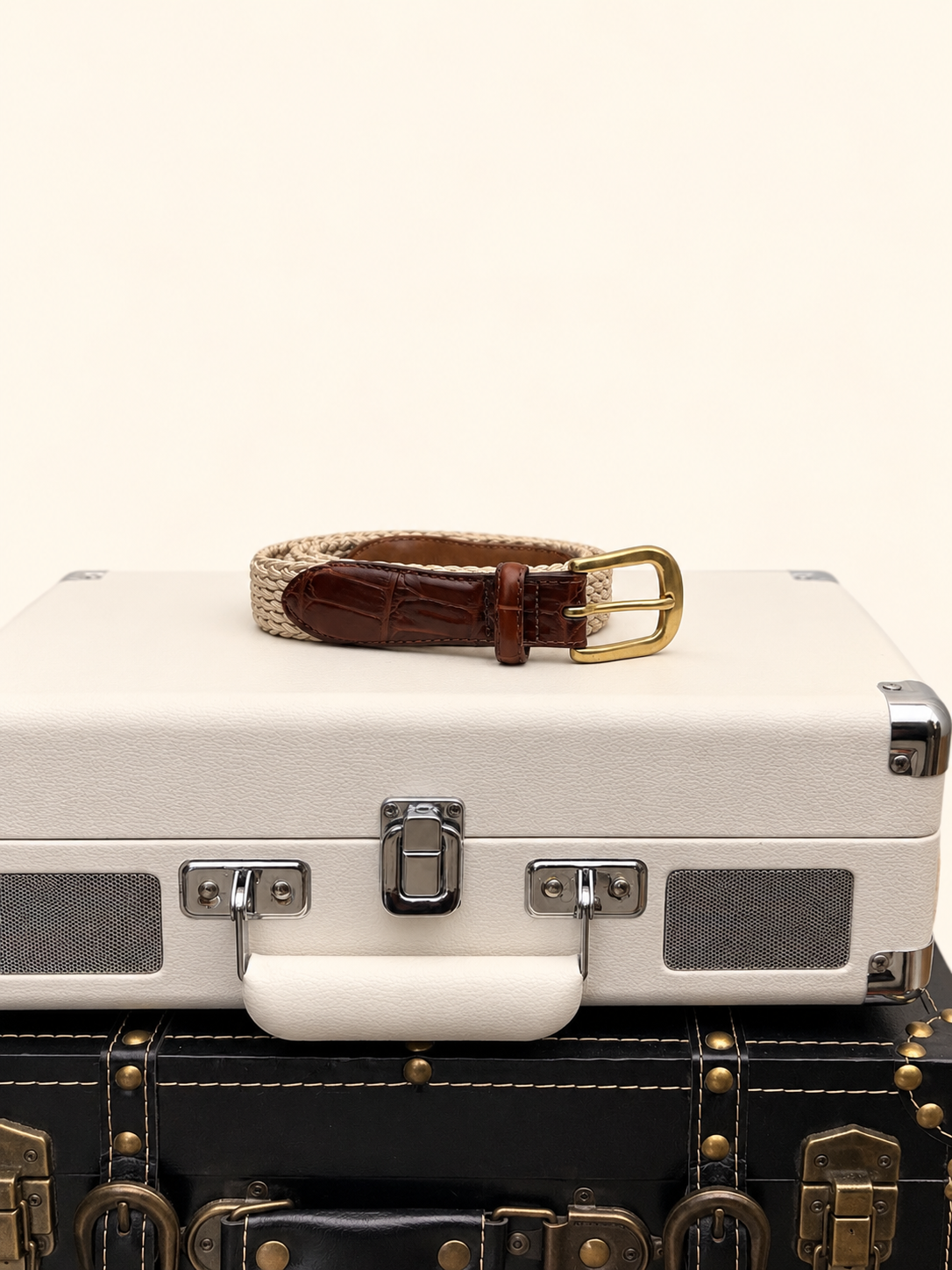 Brighton woven leather-trim belt front view