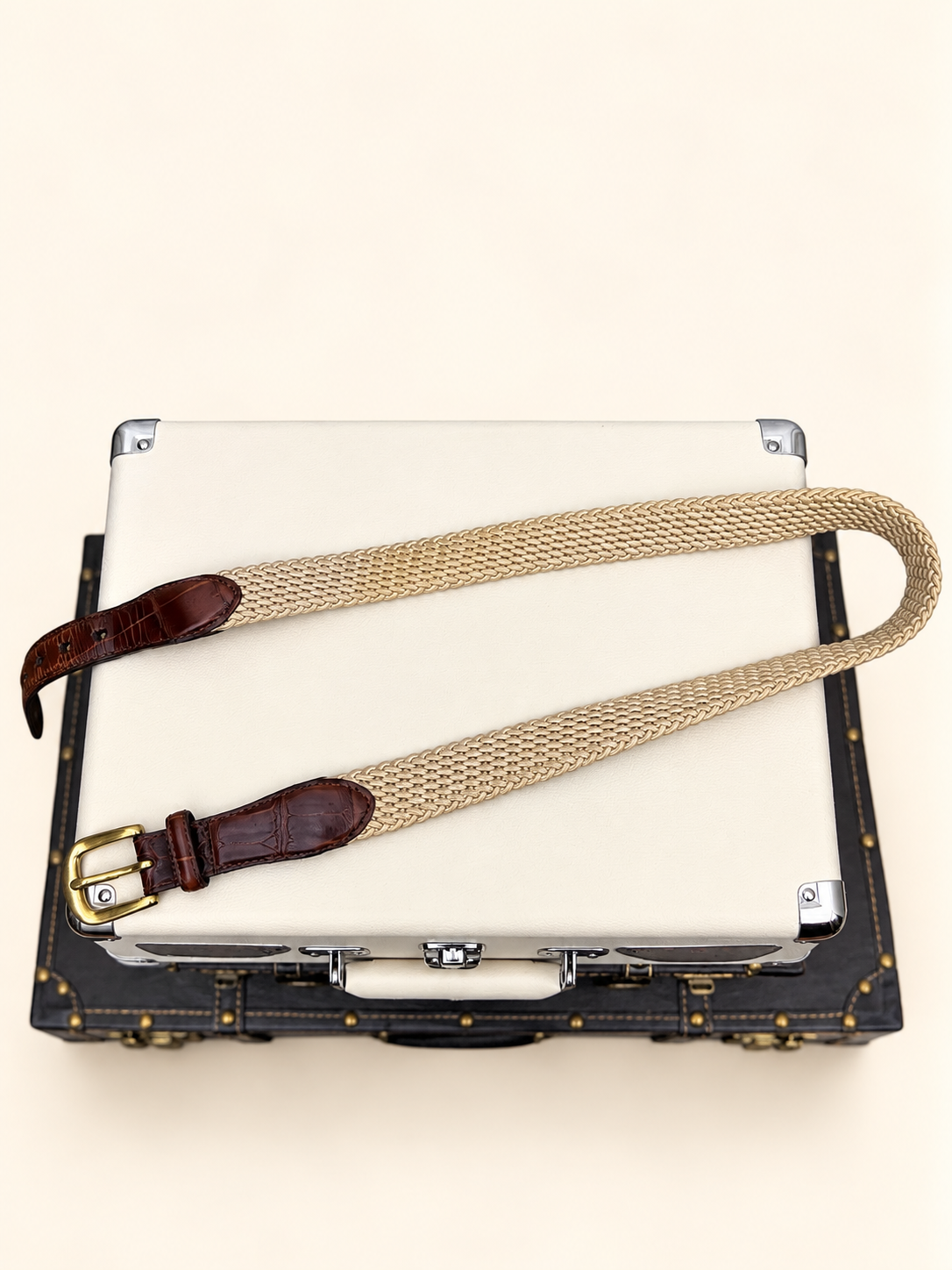 Brighton woven belt with brown leather trim and silver-tone buckle