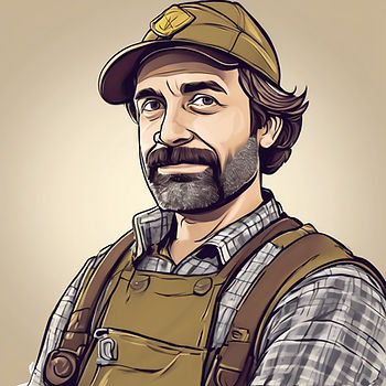 Illustrated man with beard in plaid shirt and brown overalls, wearing a cap, calmly gazing. Neutral background, portraying a rustic vibe.