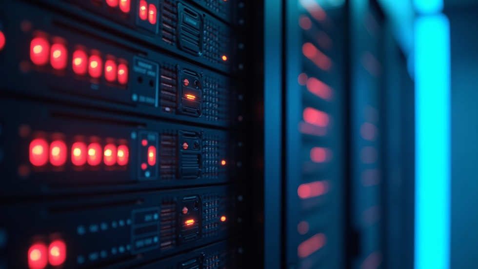 Close-up view of a server rack with LED indicators and AI monitoring systems