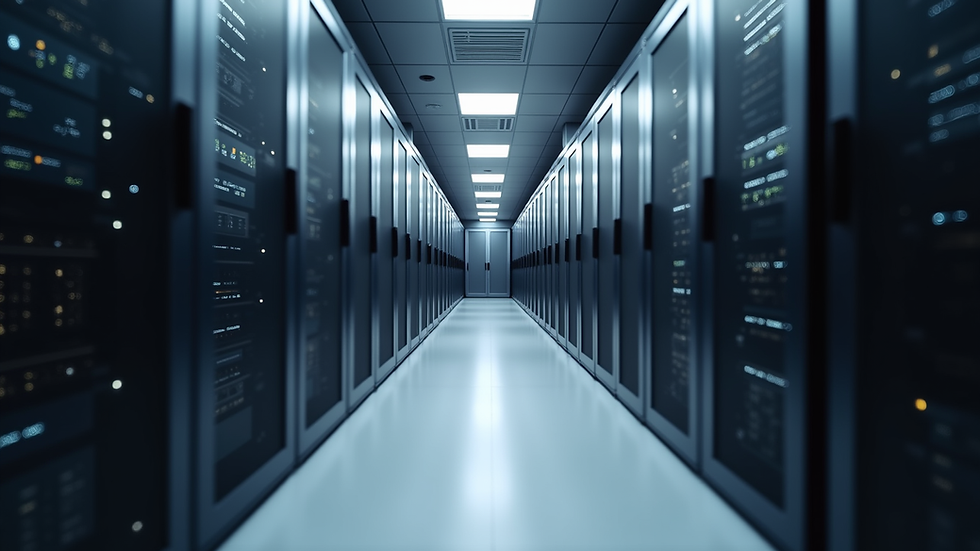 Eye-level view of a modern data center with rows of server racks