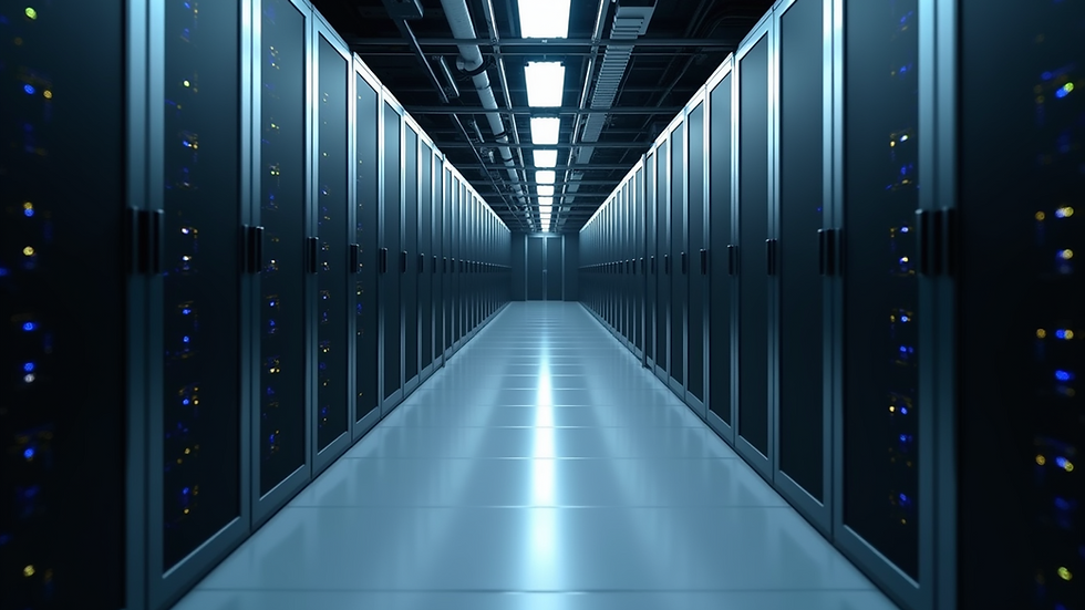 Eye-level view of a modern data center with rows of servers