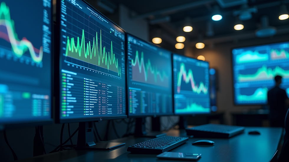 Close-up view of a network operations center with multiple screens displaying system analytics