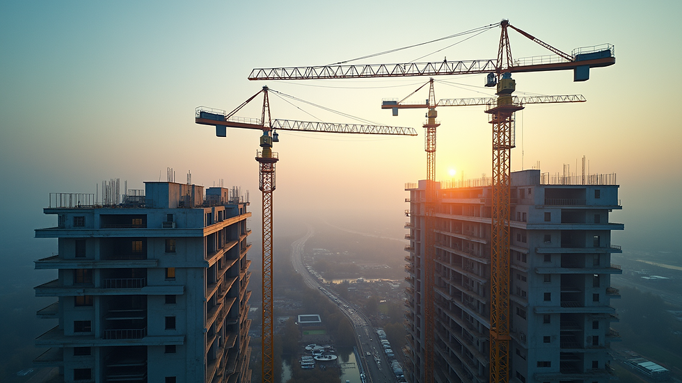 High angle view of construction site with cranes and building framework