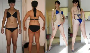 Four images show a woman in swimwear posing in front and back. Left: black bikini, indoors. Right: blue bikini, different pose. Neutral expressions.