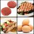Raw hamburger ground beef, white fish on a plate with vegetables, eggs, and grilled chicken with a vegetable medley.