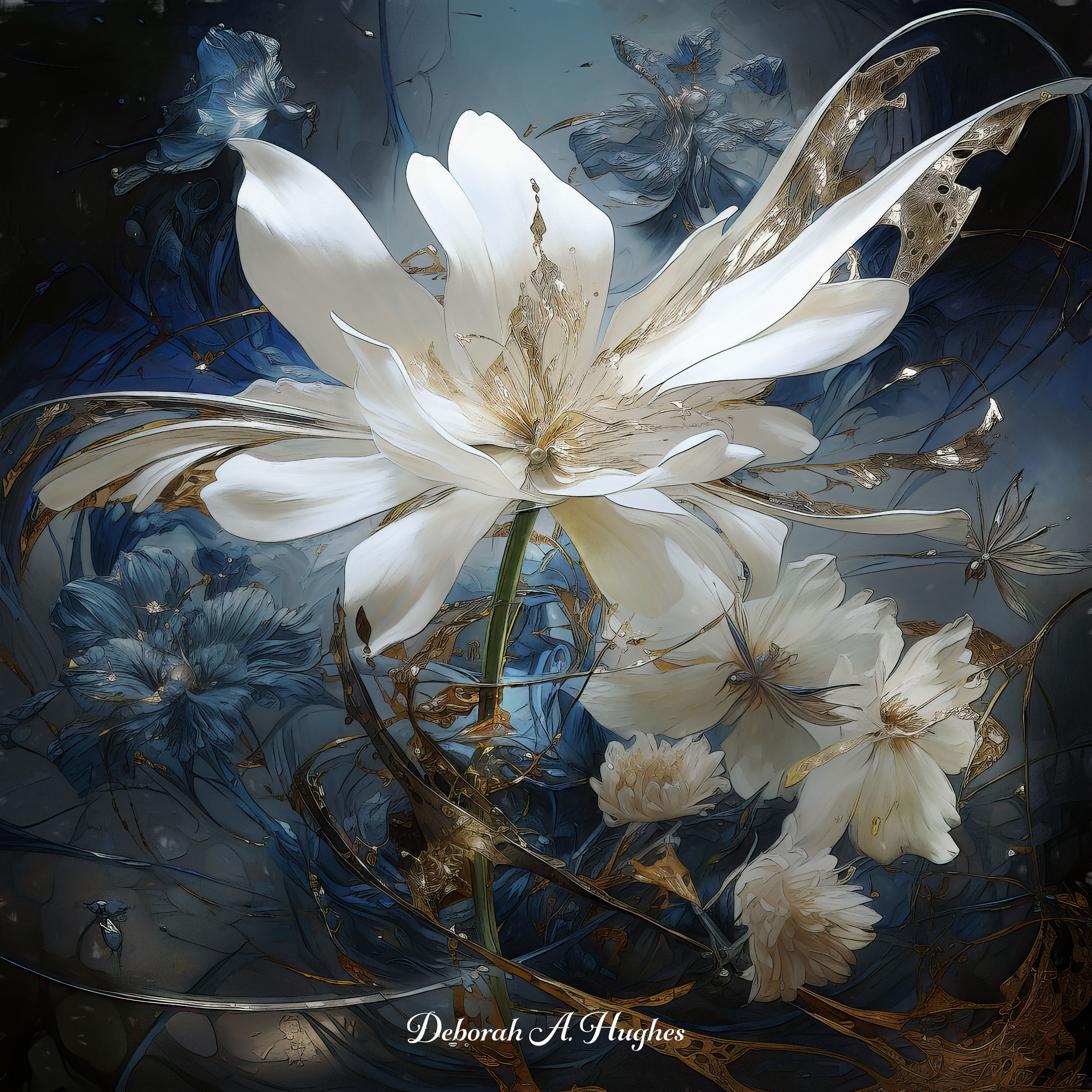 Glass Lily — ethereal white lily golden filigree fantasy floral art — digital art print on metal by Deborah Hughes — PhotoArt