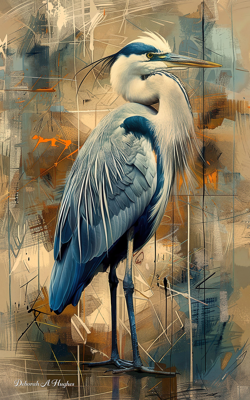 Blue Heron — great blue heron coastal bird abstract art — digital art print on metal by Deborah Hughes — PhotoArtsy