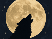 Shadow of howling wolf in front of large moon at night