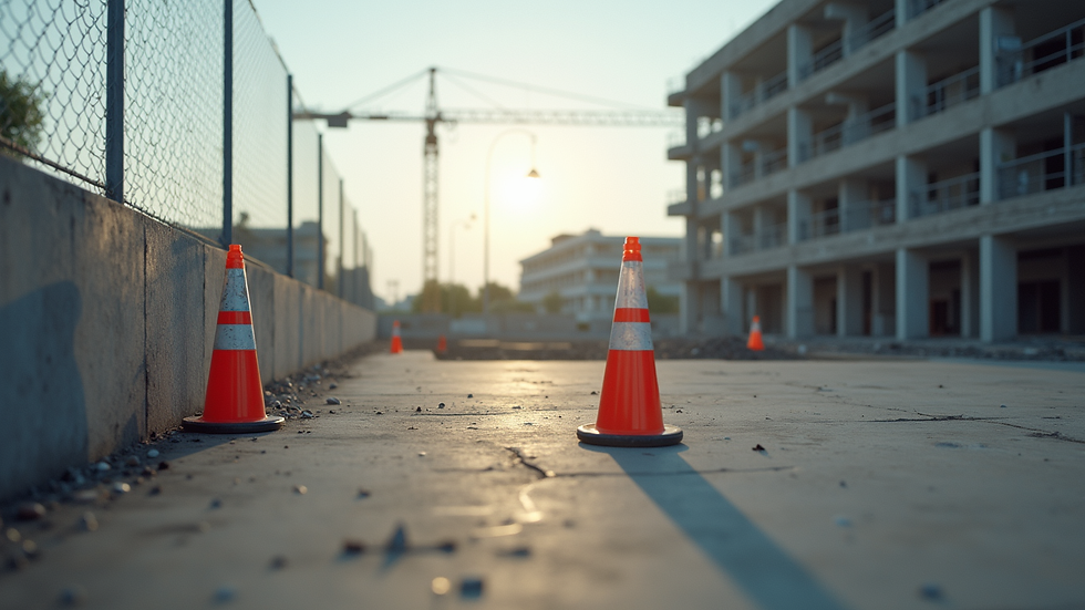Wide angle view of a construction site with safety measures in place