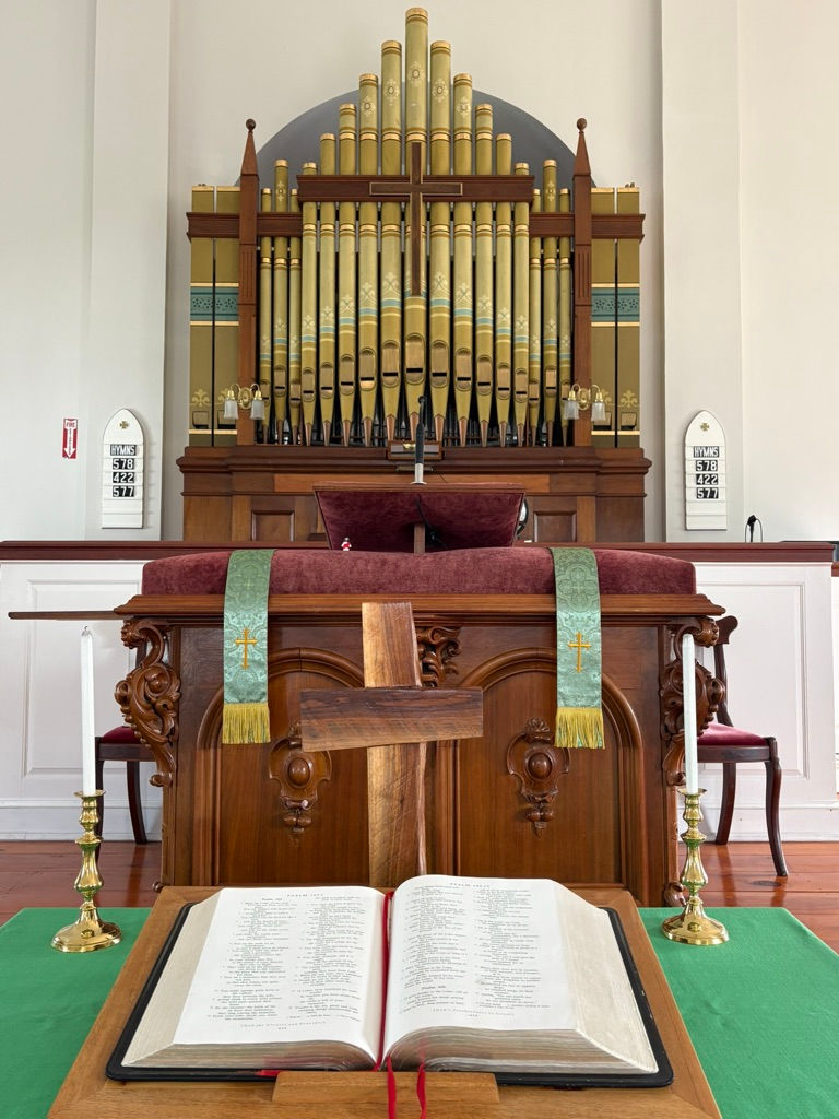 Organ at the front of the sanctuary
