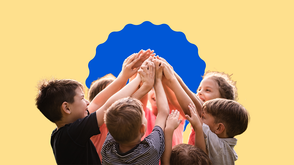 Kids cheerfully raise hands together against a yellow and blue background, creating a joyful and playful mood.